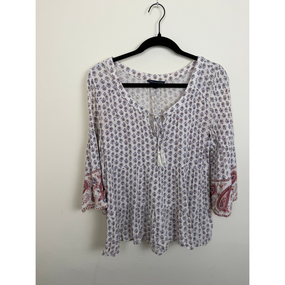 American Eagle Blouse M Cream Floral Paisley Boho Peasant Bell Sleeve